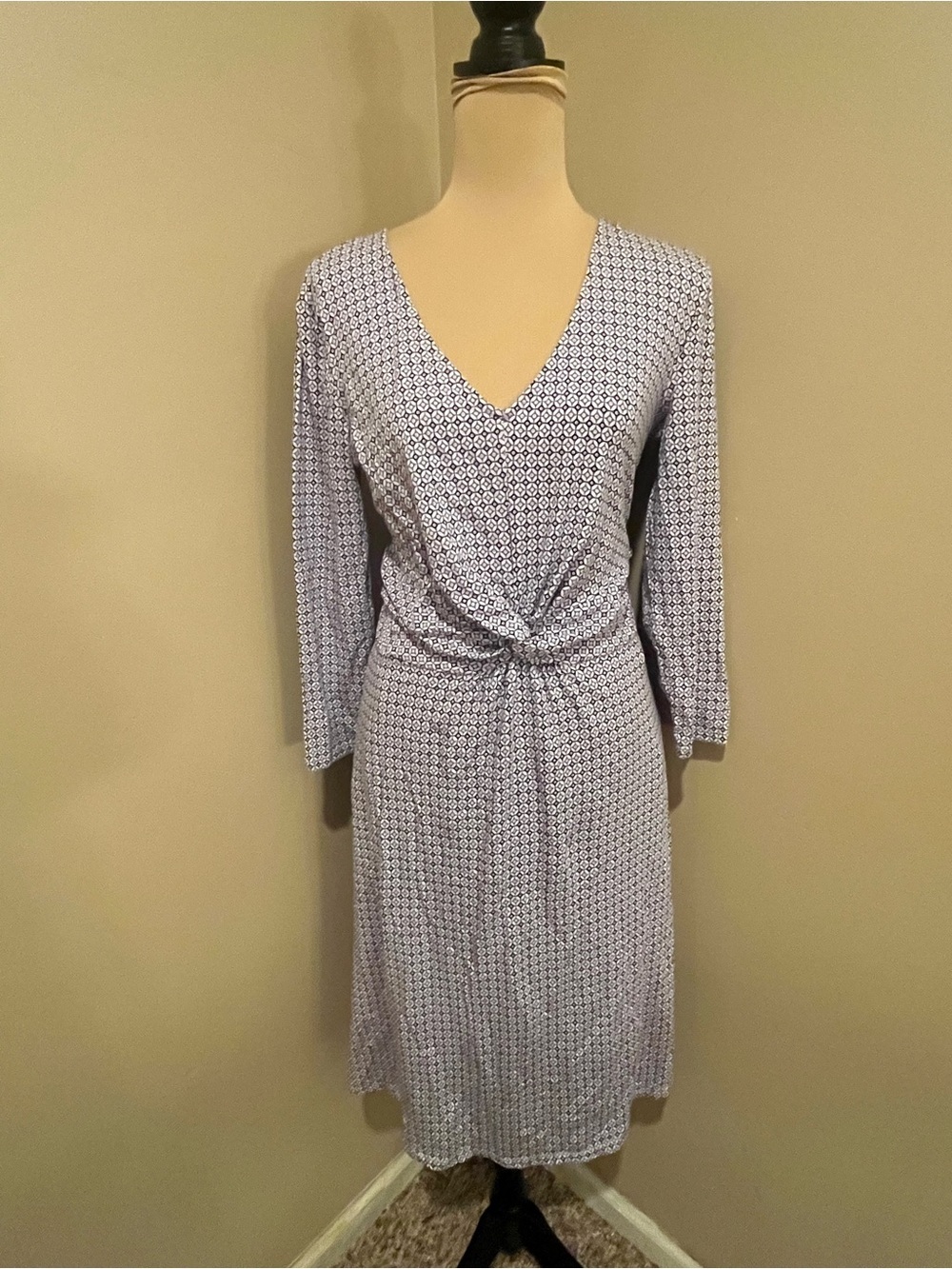 Lands' End Light Blue Geometric V-Neck Knot Front Long Sleeve Midi, Medium